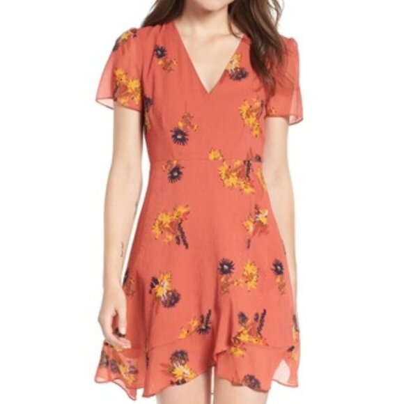 Madewell Dresses & Skirts - MADEWELL Coral Faux Wrap Posey Cactus Floral Mini Ruffle Dress Fully Lined SZ 4